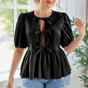 Puff Sleeve Peplum Bow Tie Top Blouse